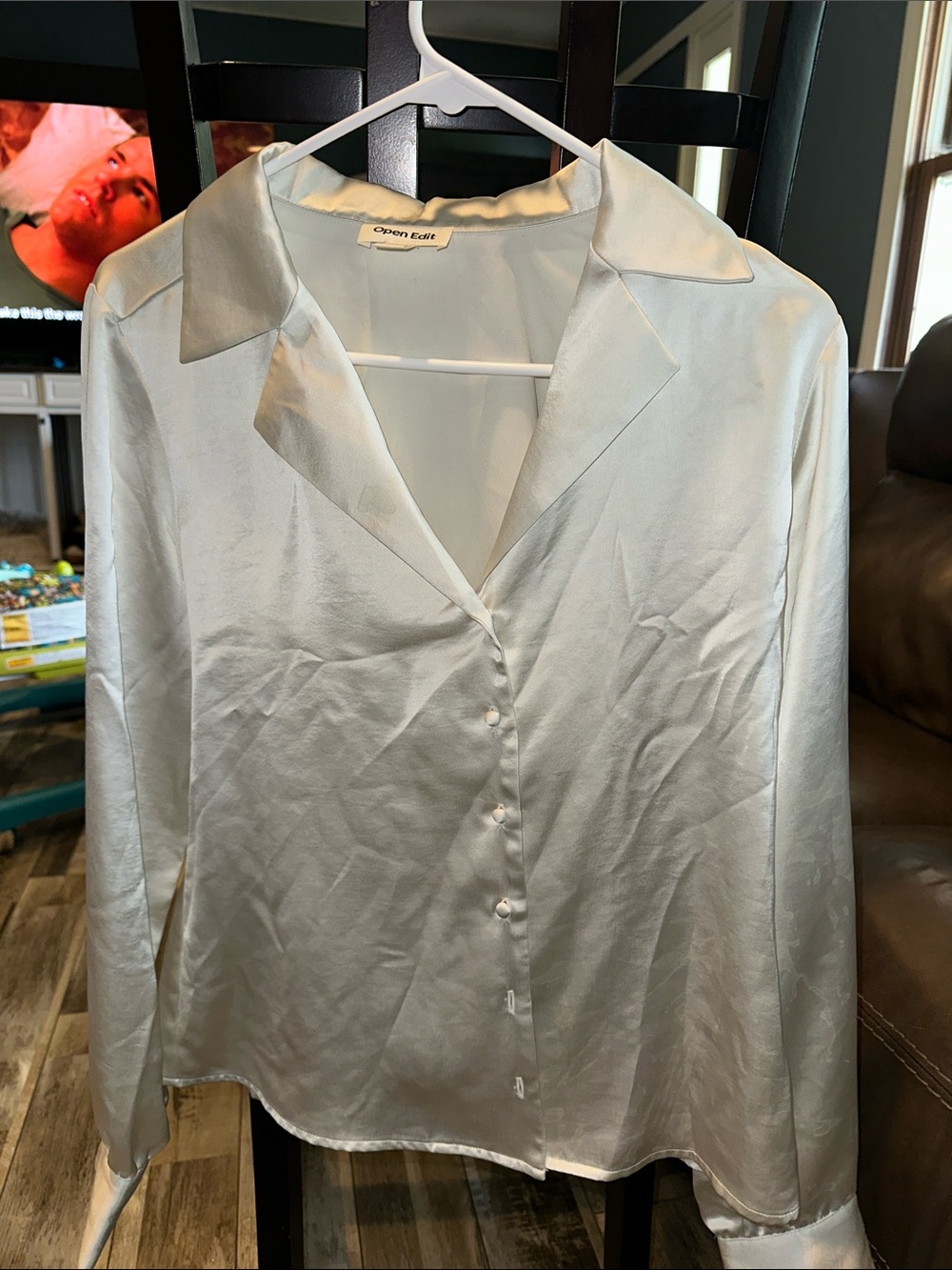 Open Edit Satin Button-Front Blouse in Ivory